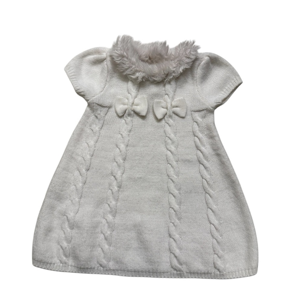 Gymboree white Cable Knit Dress Short Sleeve Faux Fur Collar Baby Girl 6-12M